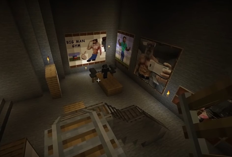 A screenshot from Quackity's stream. It shows a large stone cave with various oak slabs and stairs placed to mimic weight training equipment. Schlatt's ghost stands on one of the platforms attempting to squat large anvils. On the walls are various posters for inspiration, some of ripped older men, but most of edits of Minecraft Steve on ripped bodies. One of the signs names this place as the 'Big Man Gym.'